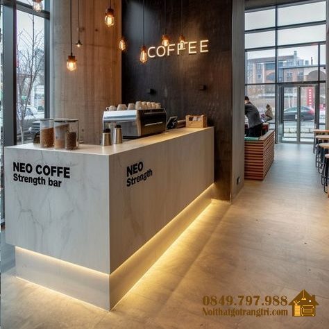 Quầy cafe màu vân đá led vàng