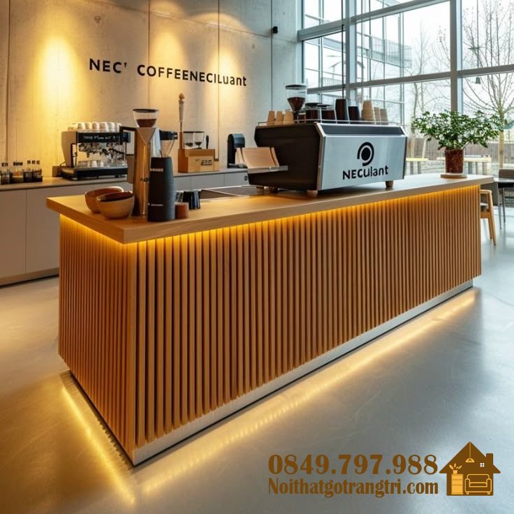 Quầy cafe gỗ ốp lam sóng hiện đại