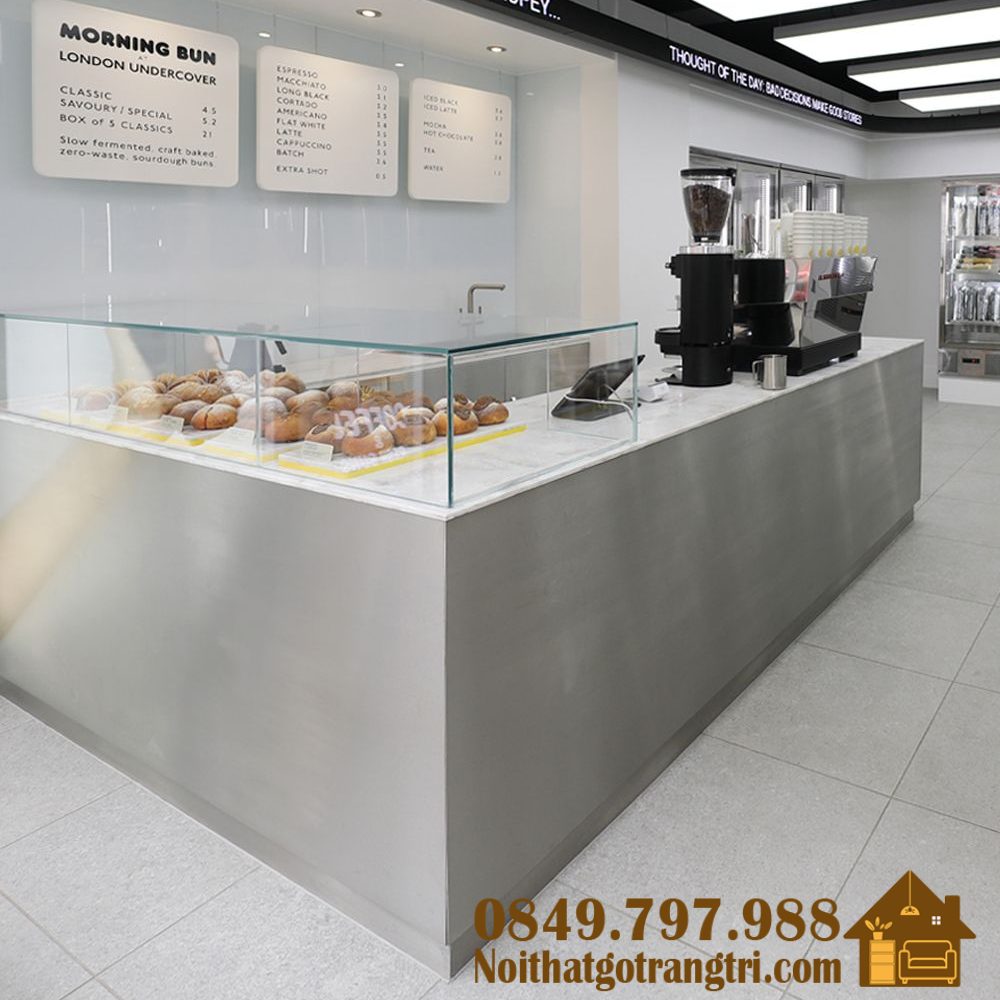 Quầy cafe màu inox xước